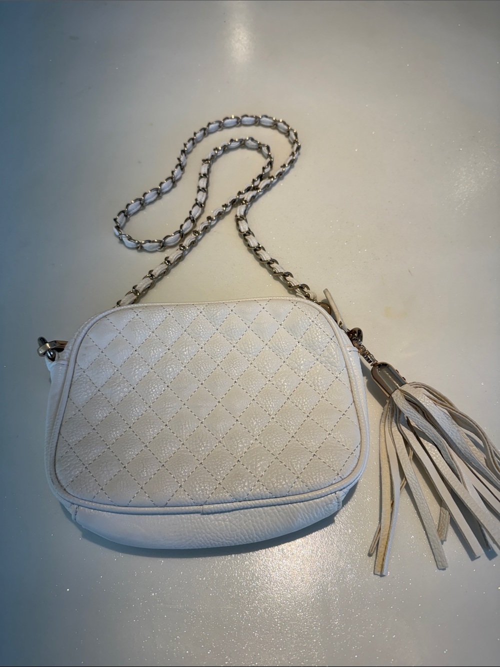 inspired White Quilted Crossbody Bag with Tassel